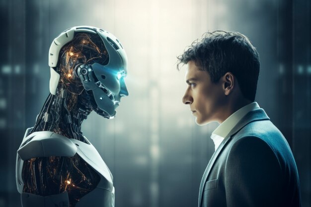 Вид робота рядом с человеком-бизнесменом