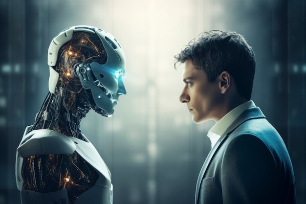 View of robot next to human businessperson