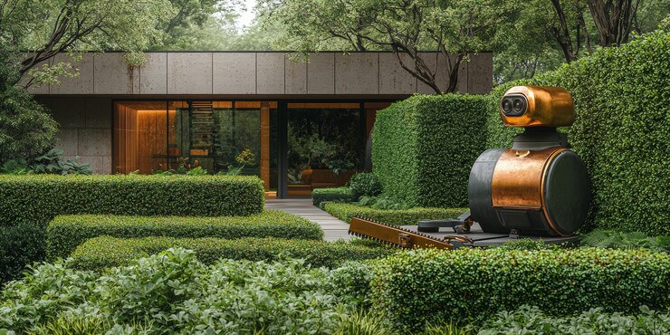 Free Photo view of a robot taking care of a garden