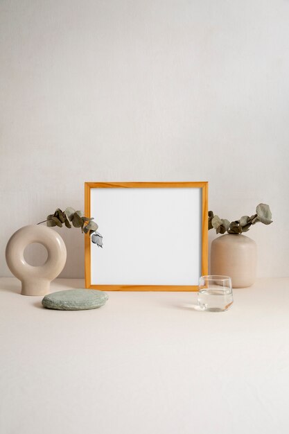 View of room decor made up of frame and plant vases