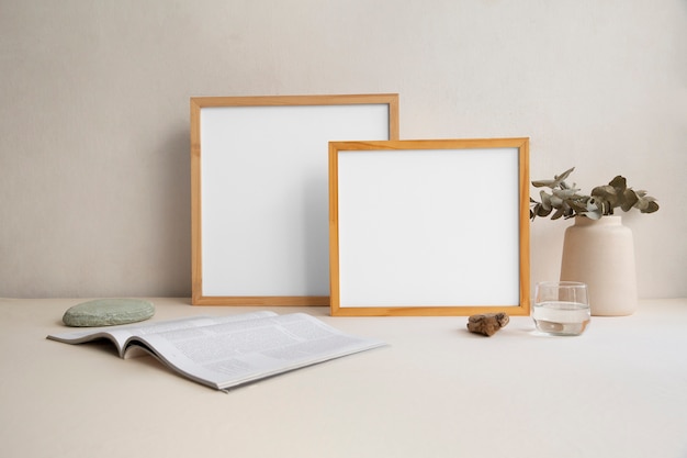 View of room decor made up of frames and magazine