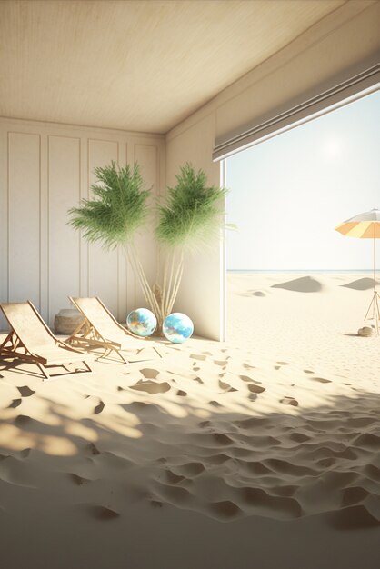 View of room inside house with beach sand and sunny weather