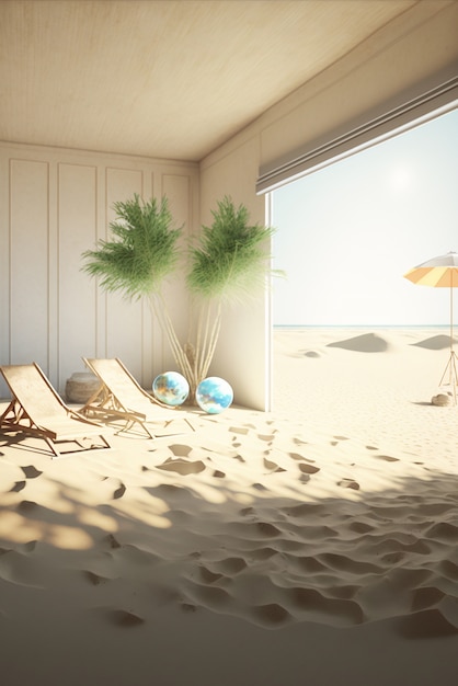 ビーチの砂と晴れた天気の家の中の部屋の眺め