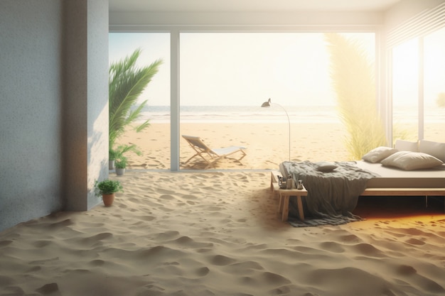 Foto gratuita vista della camera all'interno della casa con spiaggia di sabbia e tempo soleggiato