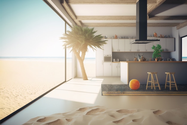Вид на комнату внутри дома с песчаным пляжем и солнечной погодой