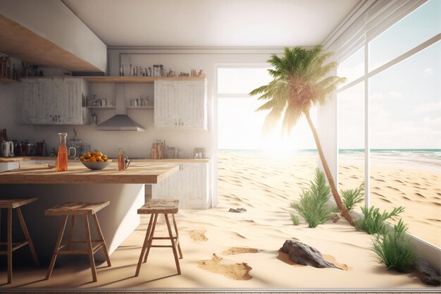 View of room inside house with beach sand and sunny weather