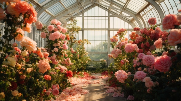 View of rose blooming in greenhouse