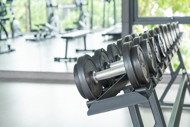 View of rows of dumbbells