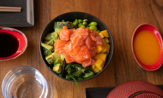 Free photo view of salmon dish bowl