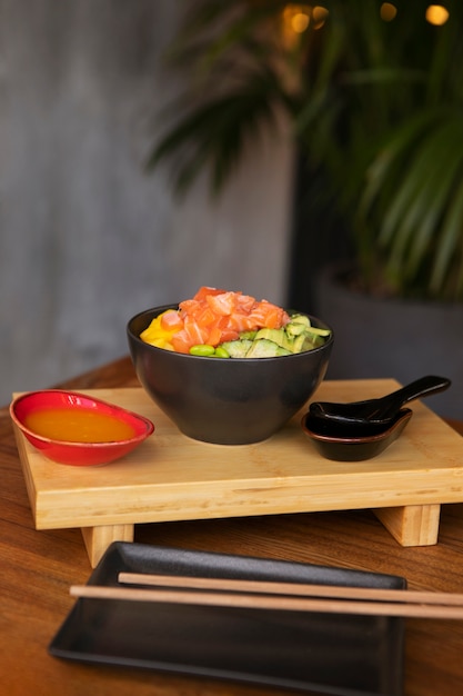 Free photo view of salmon dish bowl