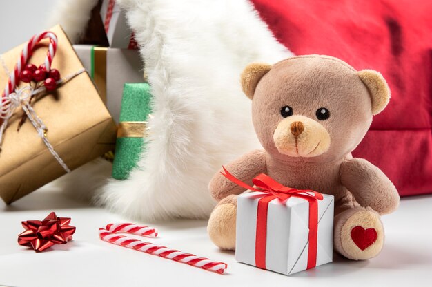 View of santa claus bag with presents and toys