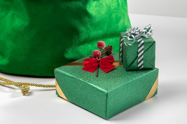 View of santa claus bag with wrapped gifts
