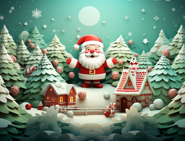 Free photo view of santa claus with houses and trees