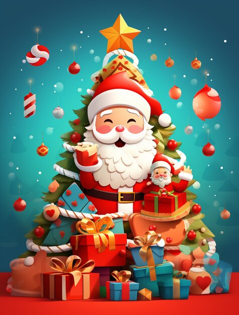 Вид Санта-Клауса с елкой и подарками