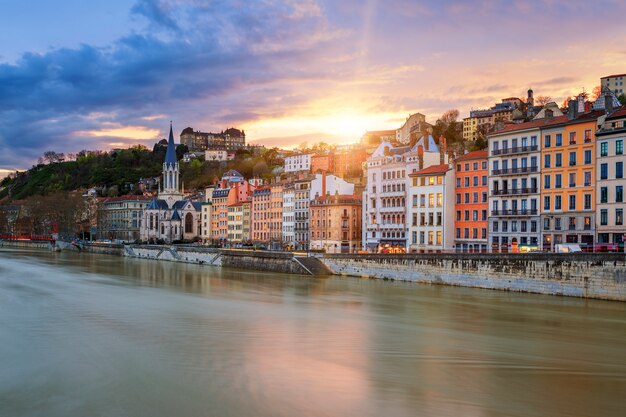 View of Saone river in Lyon city at sunset, France