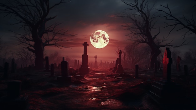달빛이 비치는 밤에 무서운 묘지의 모습