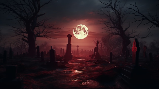 View of scary cemetery at night with moonlight