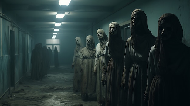 View of scary entities on a hallway with fluorescent lighting