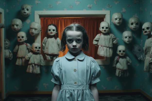 Вид на страшную девушку с жуткими куклами на заднем плане