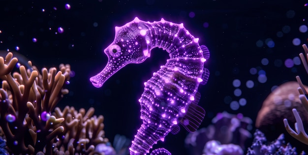Free photo view of sea horse animal with fantastic neon lighting