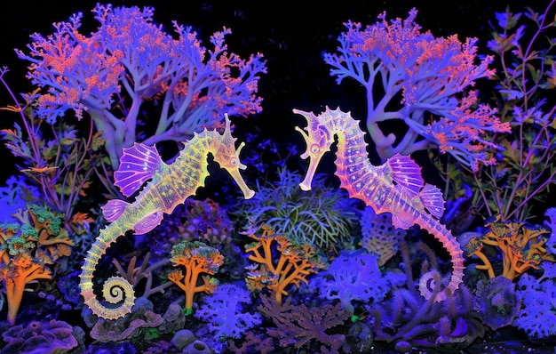 Free photo view of sea horse animal with fantastic neon lighting