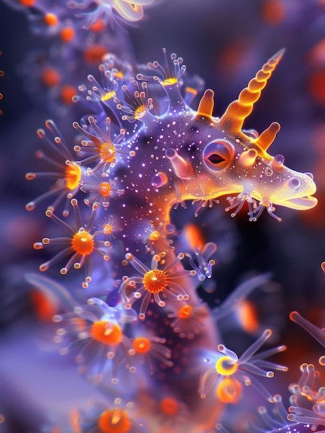 Free photo view of sea horse animal with fantastic neon lighting