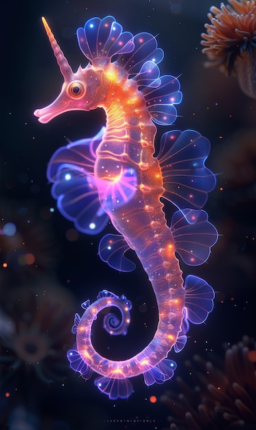 Free photo view of sea horse animal with fantastic neon lighting