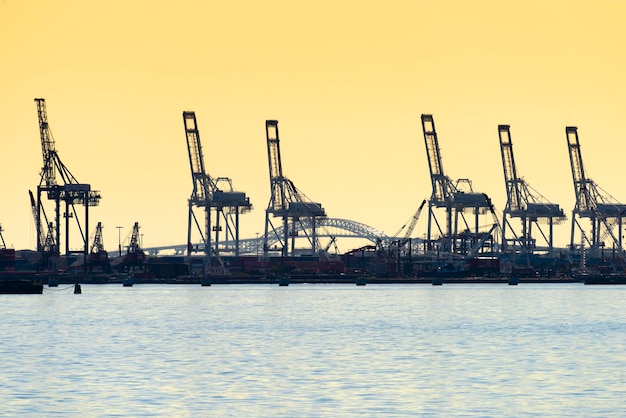 View of the seaport in New York at sunset USA