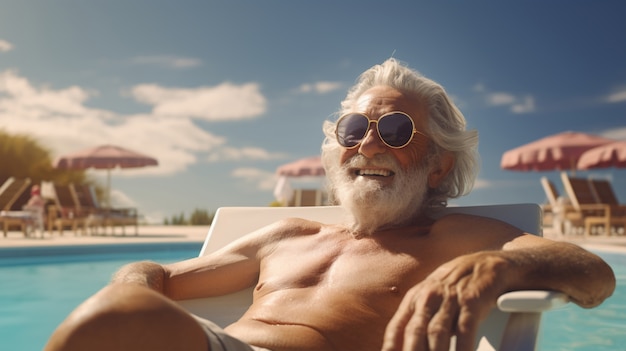 Foto gratuita vista di un anziano che si gode l'estate in piscina