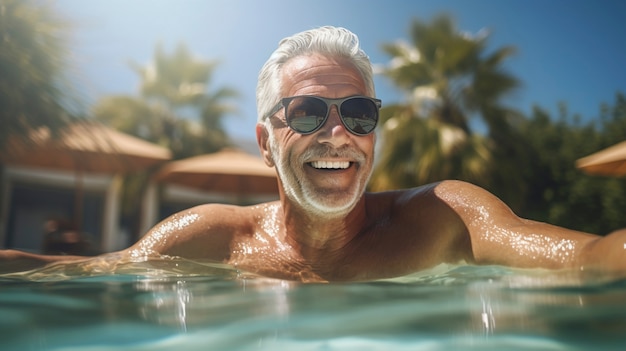 Free photo view of senior man enjoying summer at the pool