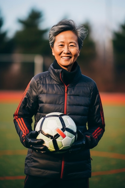 Free photo view of senior soccer player holding ball