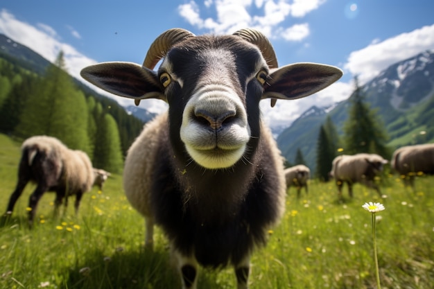 Veduta di pecore che pascolano all'aperto in natura