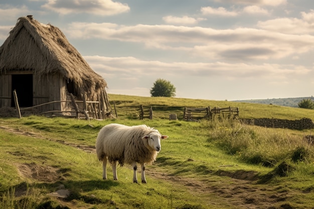自然の中の野外の羊の景色