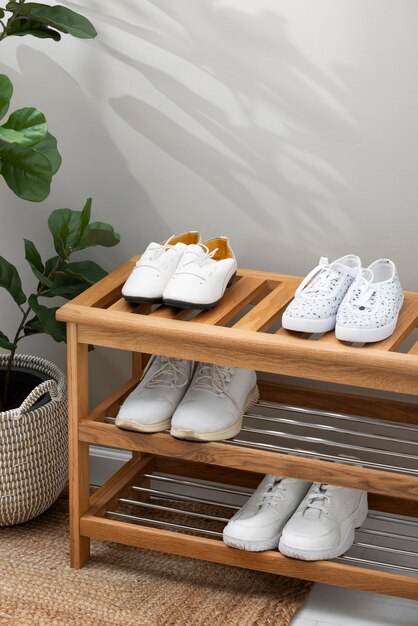 View of shoe rack for stacking pair of footwear