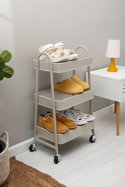 View of shoe rack for stacking pair of footwear