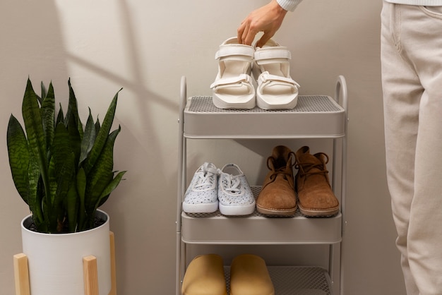 Free photo view of shoe rack for stacking pair of footwear