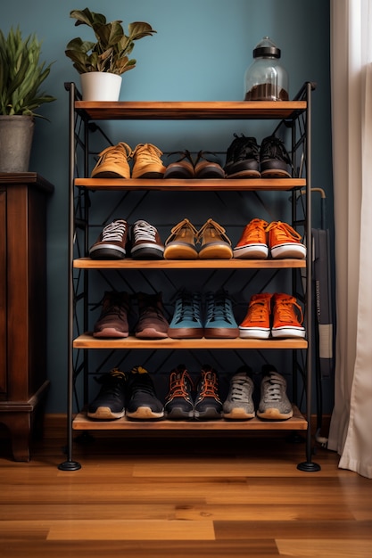 View of shoe rack with storage space for footwear