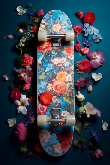 Free photo view of skateboard with blossoming springtime flowers