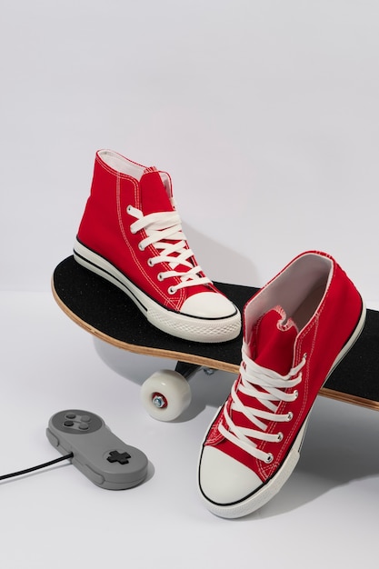 View of skateboard with retro memorabilia