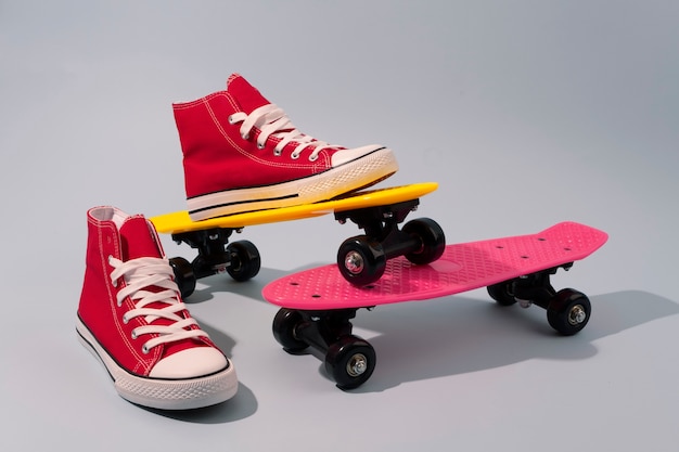 View of skateboard with retro memorabilia