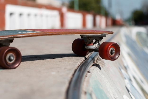 View of skateboard with wheels outdoors
