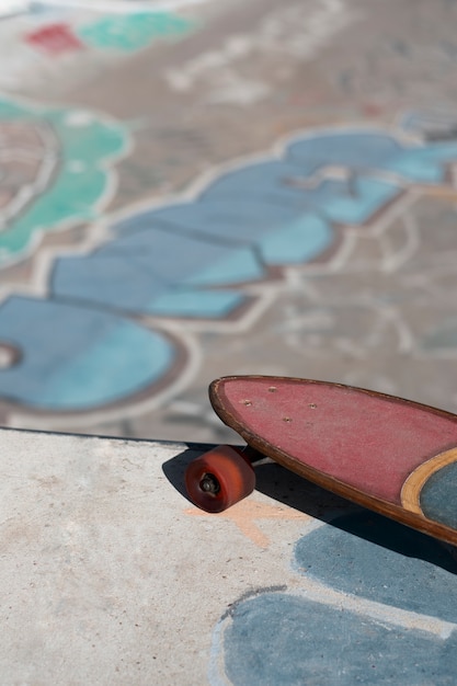 View of skateboard with wheels outdoors