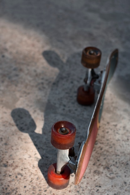 View of skateboard with wheels outdoors