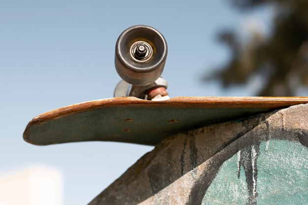 View of skateboard with wheels outdoors