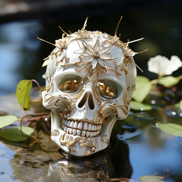 Free photo view of skeleton skull emerging from water