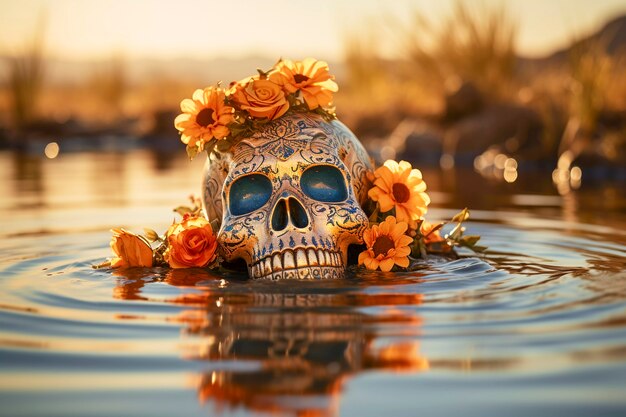 View of skeleton skull emerging from water