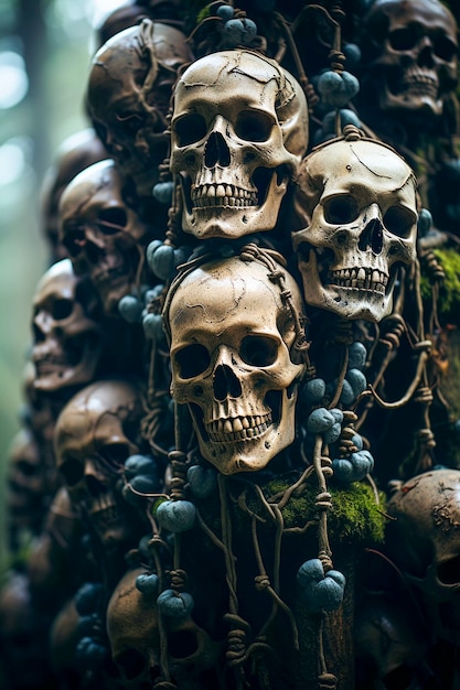 Вид скелетных черепов с растительностью