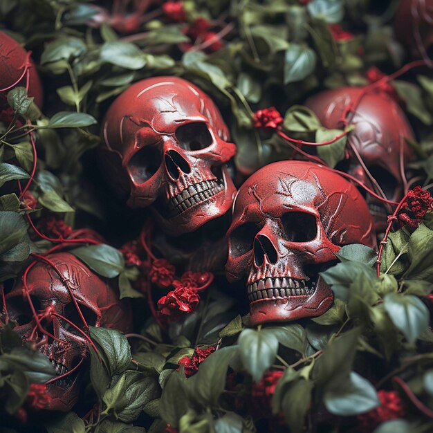 View of skeleton skulls with vegetation