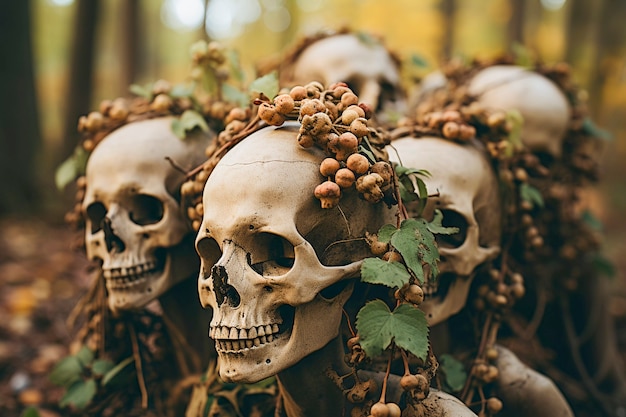 Вид скелетных черепов с растительностью