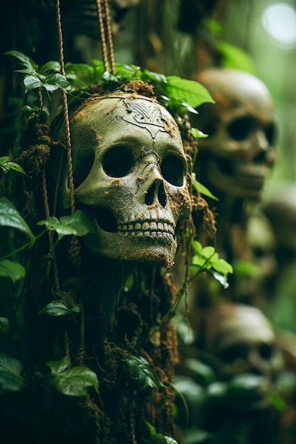 Free photo view of skeleton skulls with vegetation